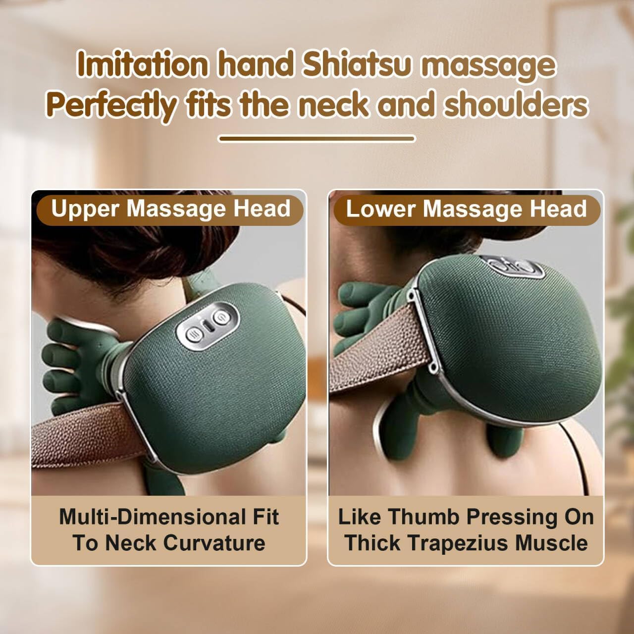 Heated Massager, Wireless Portable Shiatsu Neck and Back Massager, Electric Deep Tissue 4D Kneading Massage, Simulated Human Hand Design for Pain Relief and Muscle Relax (green)